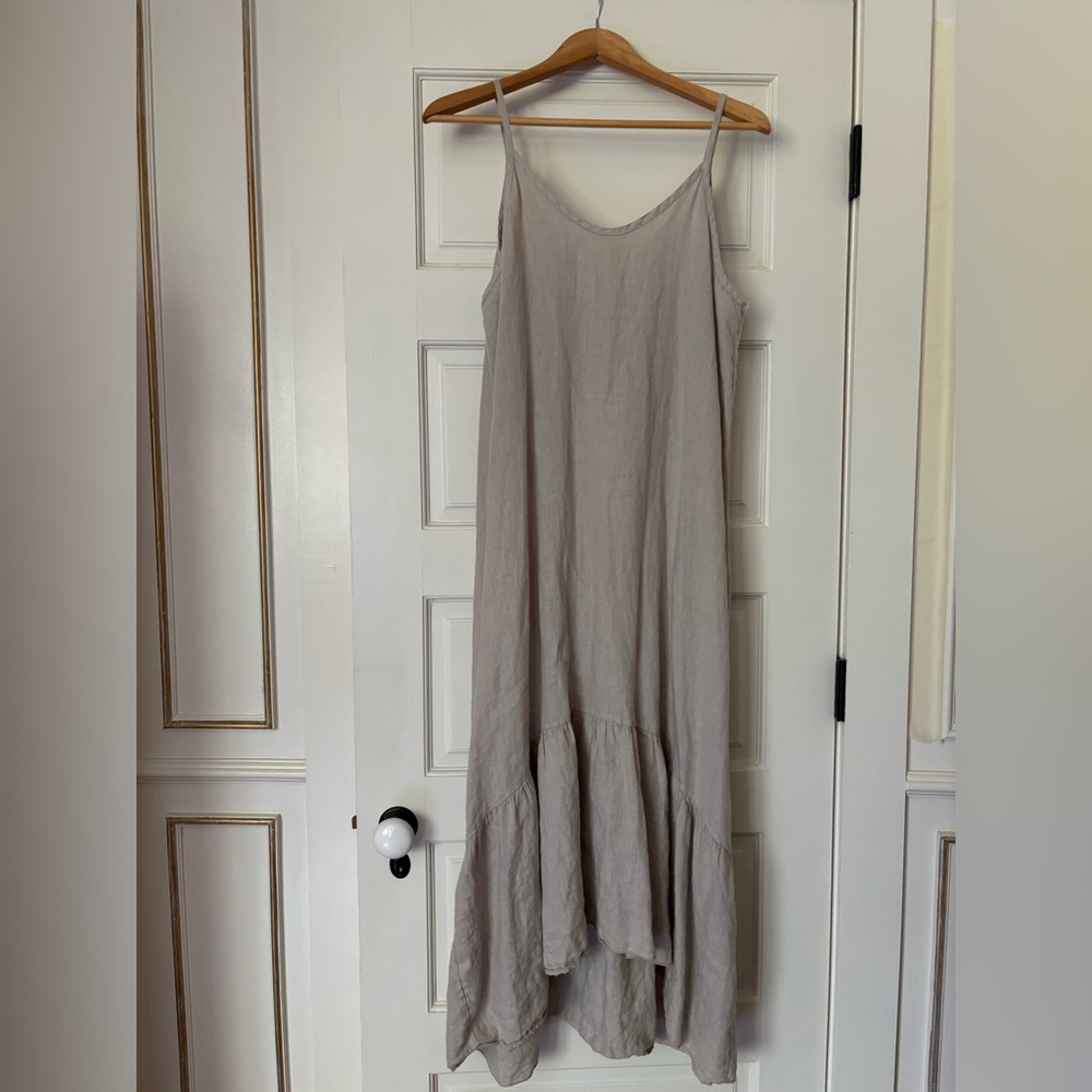 linen high/low midi spaghetti strap dress